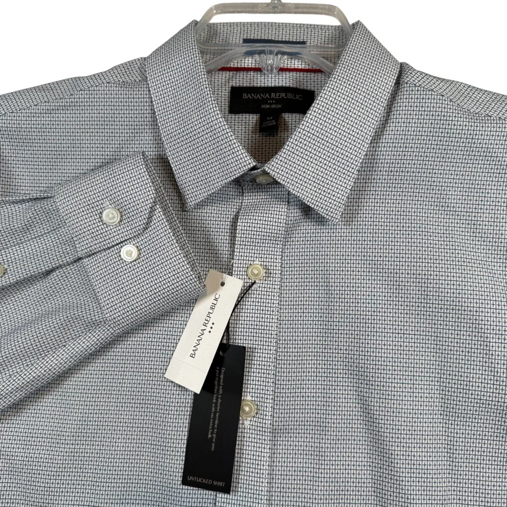 NEW Banana Republic Untucked Shirt Mens Medium Non-Iron Micro-Grid Button Down